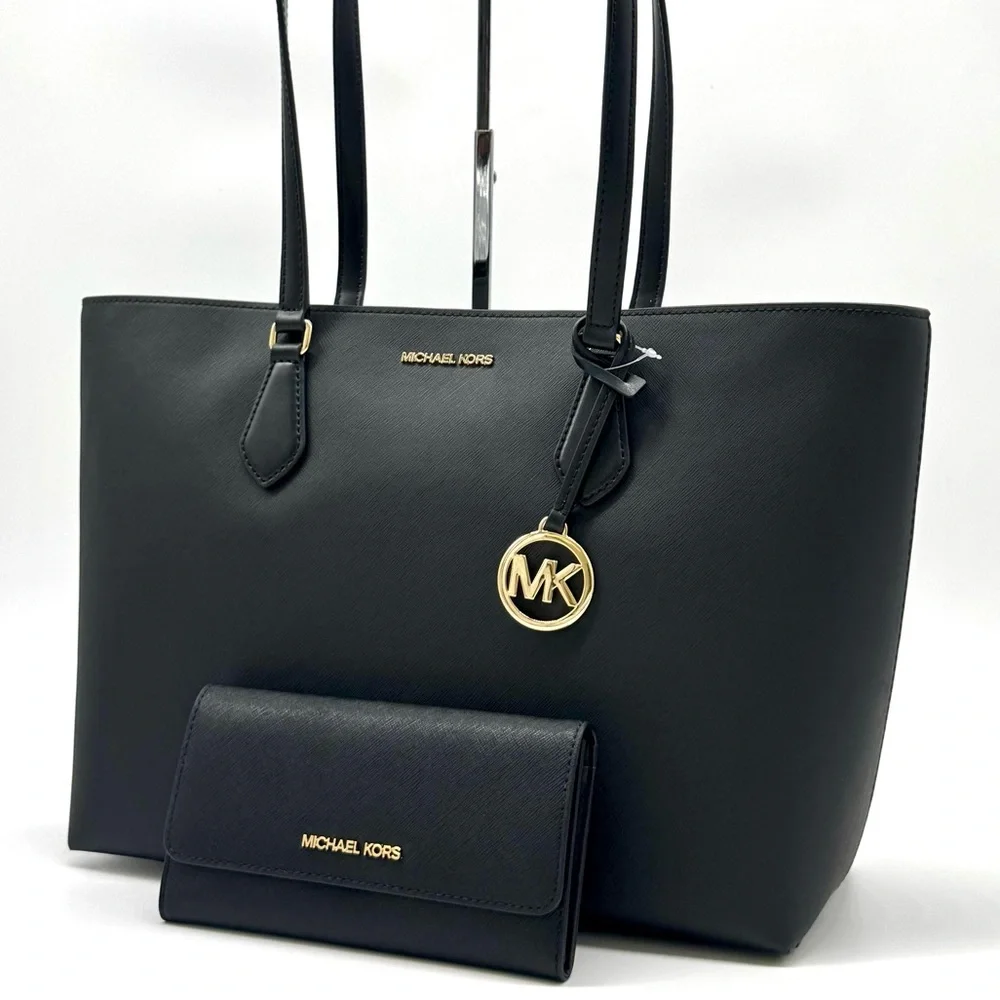 Michael Kors Sheila Large Logo Tote Bag & Matching Trifold Wallet Black/Gold